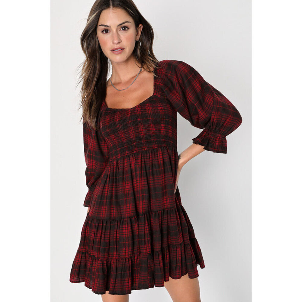 Lulus No One Cuter Red and Black Plaid Puff Sleeve Tiered Mini Dress